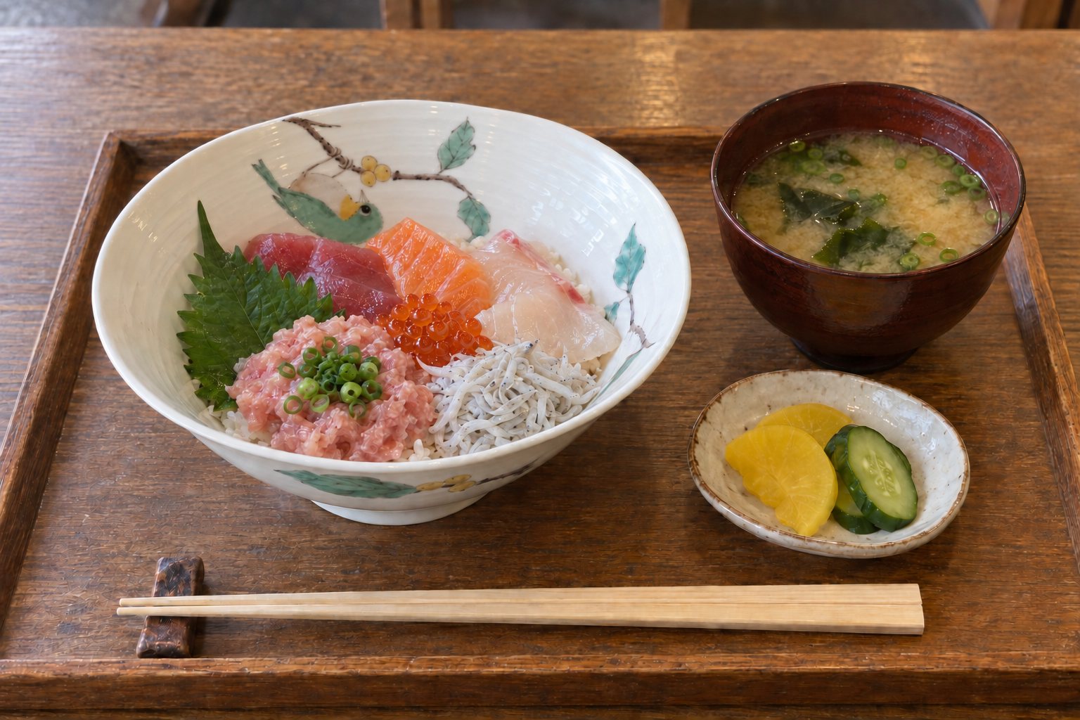 AI-generated image: a white Kutani bowl with a mejiro bird design, filled with a seafood rice bowl, next to miso soup and pickles on a wooden tray