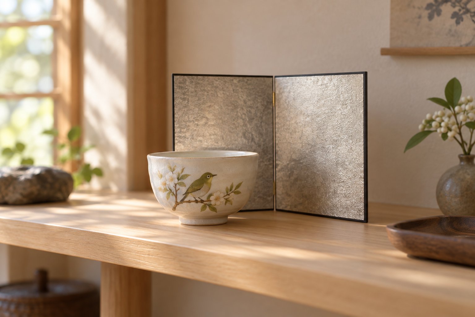 AI-generated image: a small silver tabletop folding screen displayed behind a hand-painted bird-motif ceramic bowl on a wooden shelf