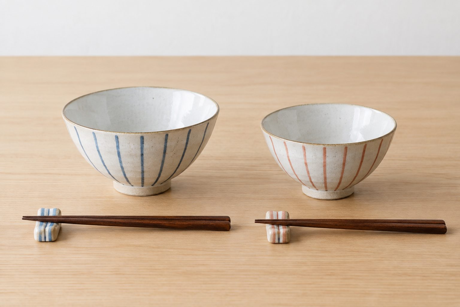 AI-generated image: A pair of rice bowls with blue and red stripes side by side on a wooden table, each with chopsticks on a rest