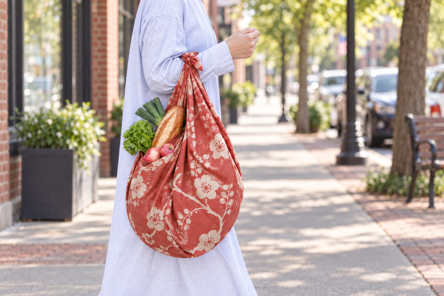 AI-generated image of a person carrying groceries in a furoshiki cloth tied into a teardrop bag with a cherry blossom pattern, walking on a city sidewalk