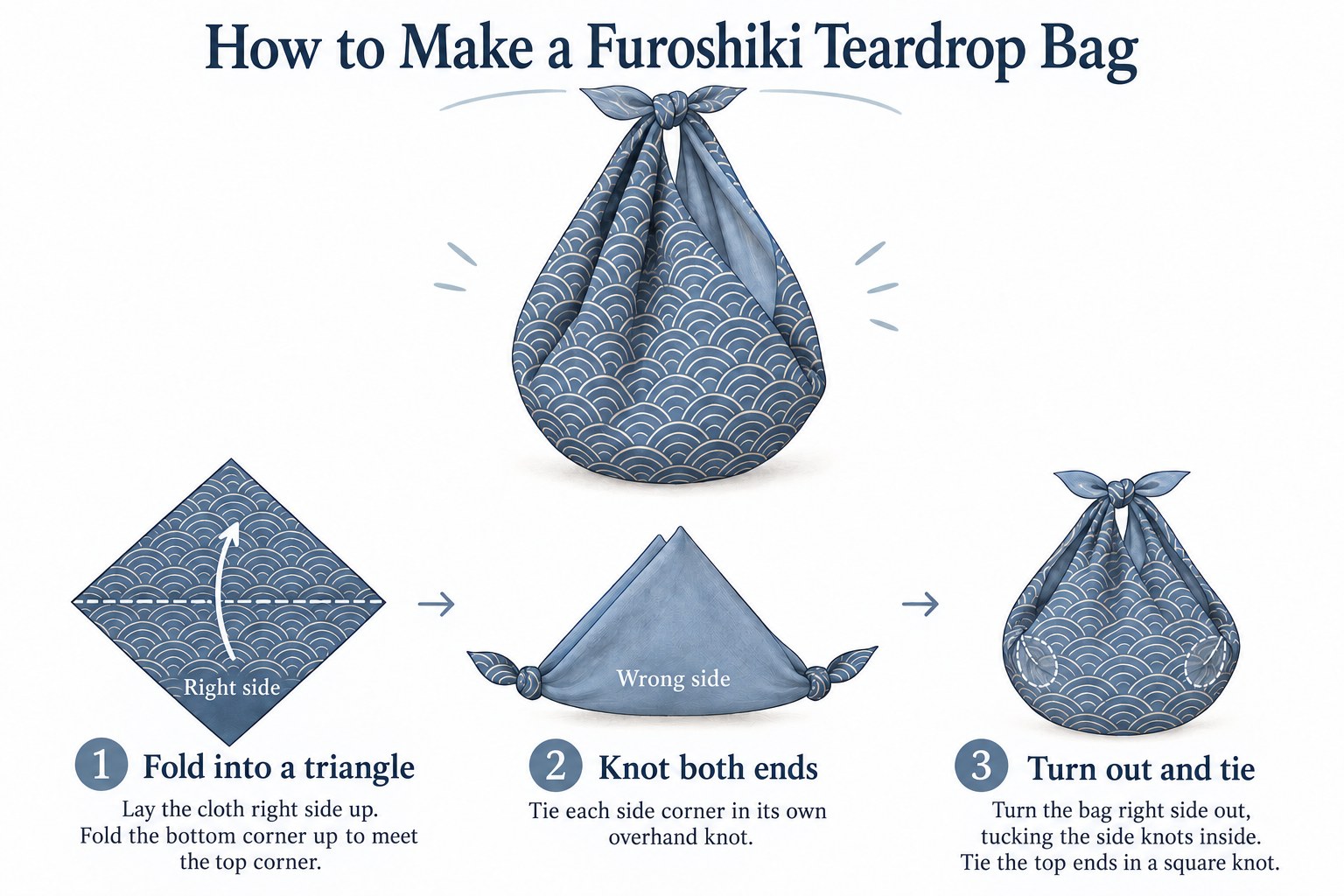 Illustration showing three steps to fold a furoshiki cloth into a teardrop-shaped bag: folding into a triangle, knotting both side corners, then turning right side out and tying the top ends