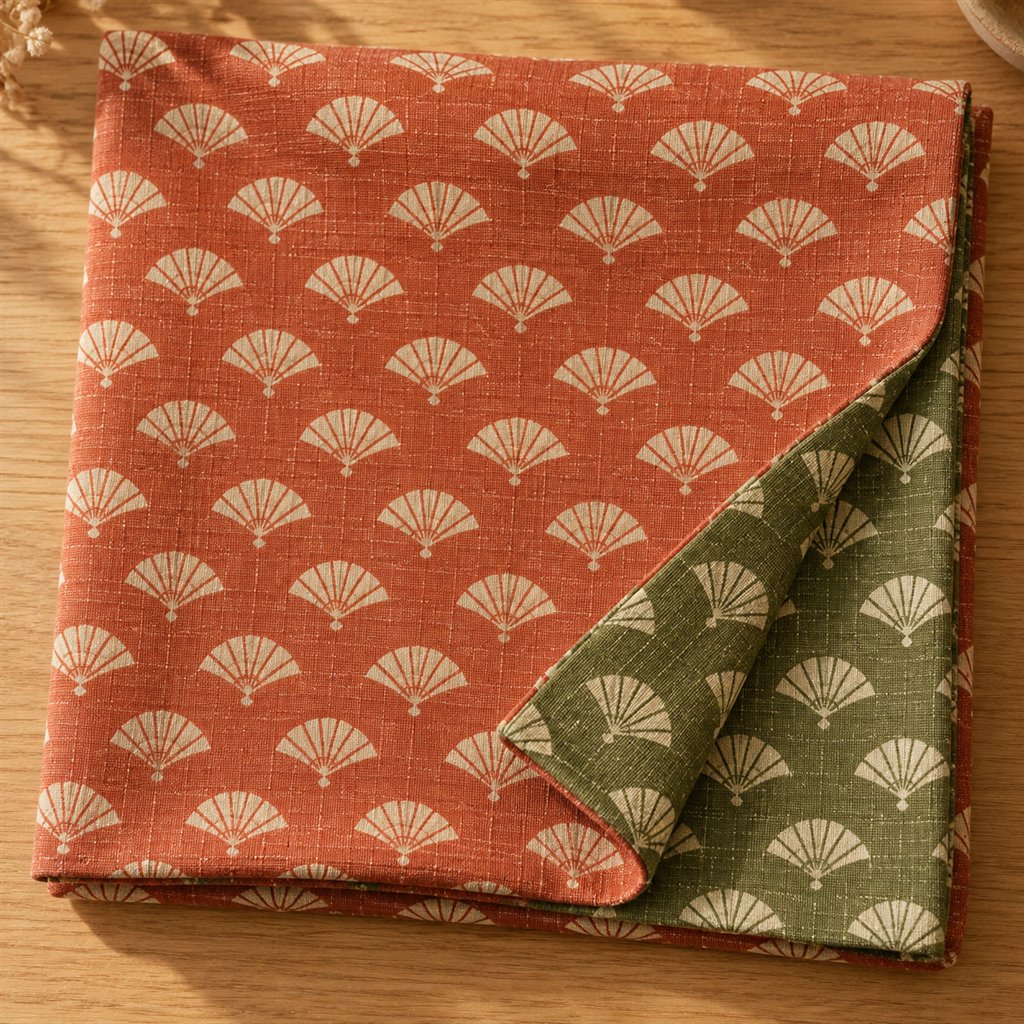 AI-generated image of a red and green reversible furoshiki cloth with a fan pattern