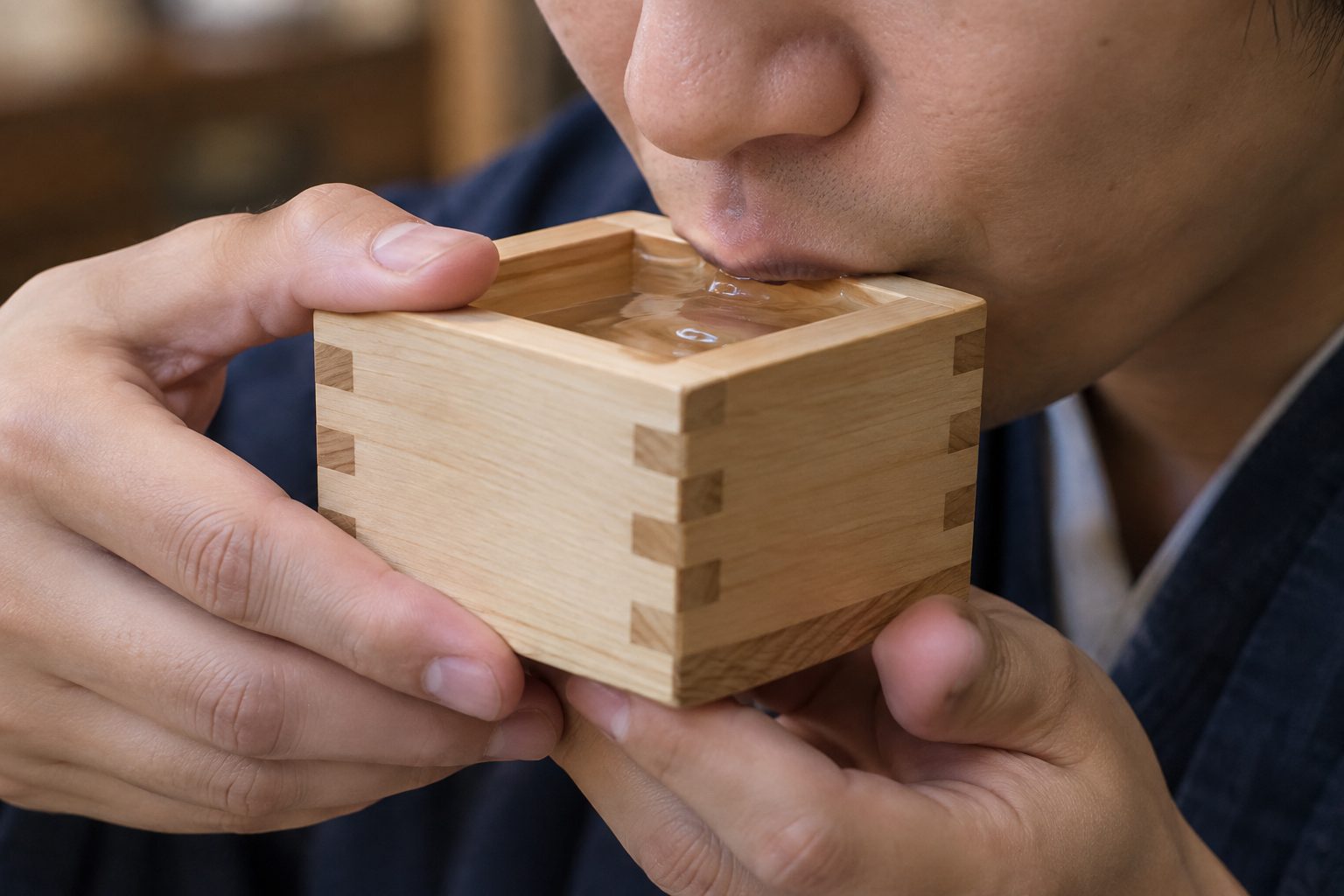AI-generated image: Close-up of a person holding a square wooden masu in both hands and sipping sake from the flat side of the rim